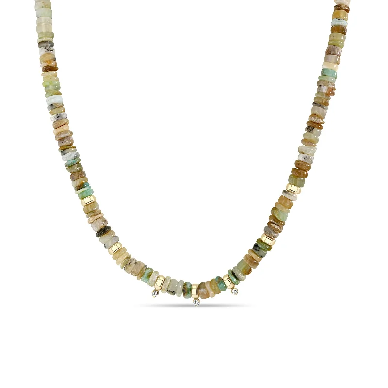 Exclusive Gemstone Jewelry At Special Prices 14k Mixed Neutral Gemstone Rondelle Bead Necklace with 3 Prong Diamonds
