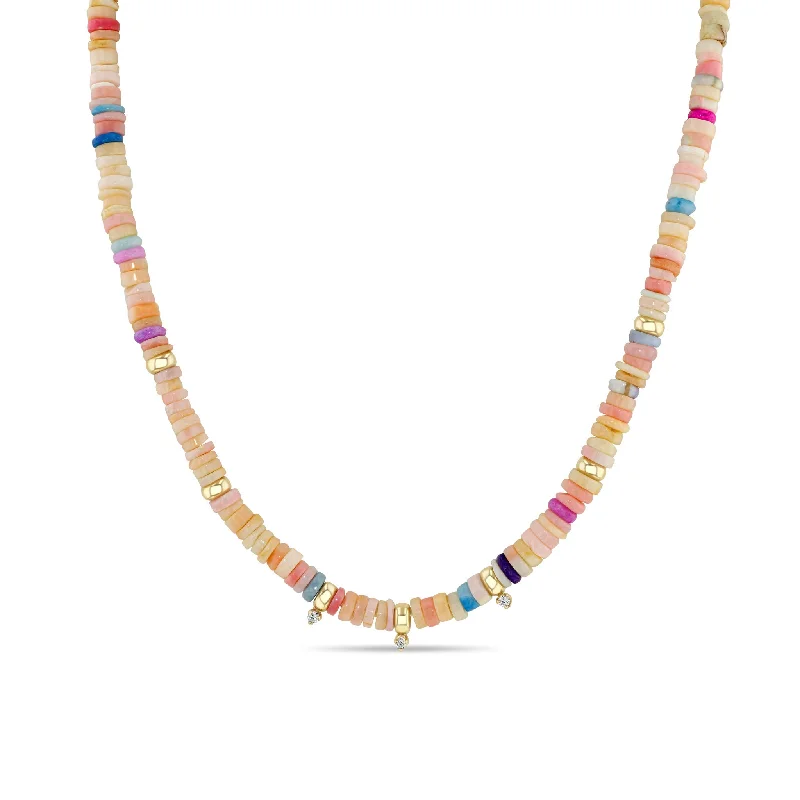 Unmissable Jewelry Clearance – Final Reductions 14k Gold & Mixed Pink Opal Rondelle Bead Necklace with 3 Prong Diamonds