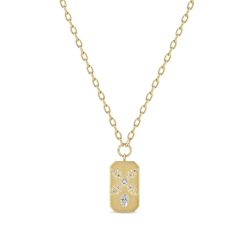 Personalized Jewelry Sale – Unique Pieces At Great Prices 14k Diamond Mosaic Brushed Gold Vertical Dog Tag Square Oval Chain Necklace