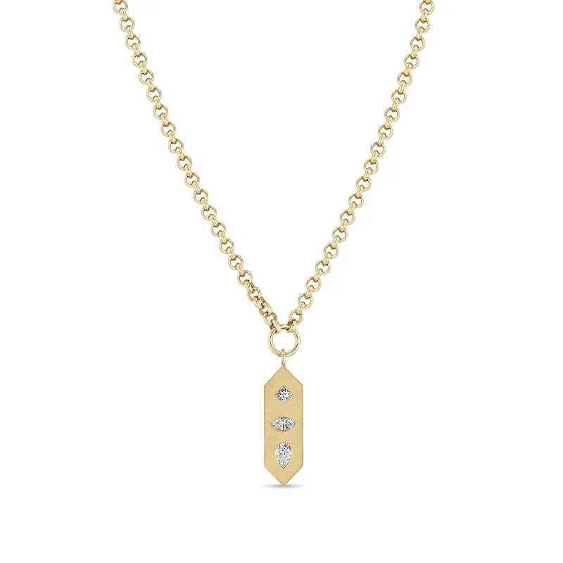Limited-Time Offer On Elegant Jewelry Pieces 14k Diamond Mosaic Brushed Gold Vertical Hexagon Tag Rolo Chain Necklace
