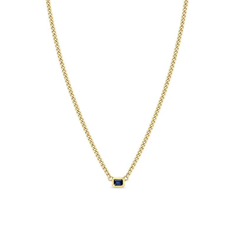 Elegant Necklaces And Bracelets At Limited-Time Offers 14k Emerald Cut Blue Sapphire Bezel XS Curb Chain Necklace