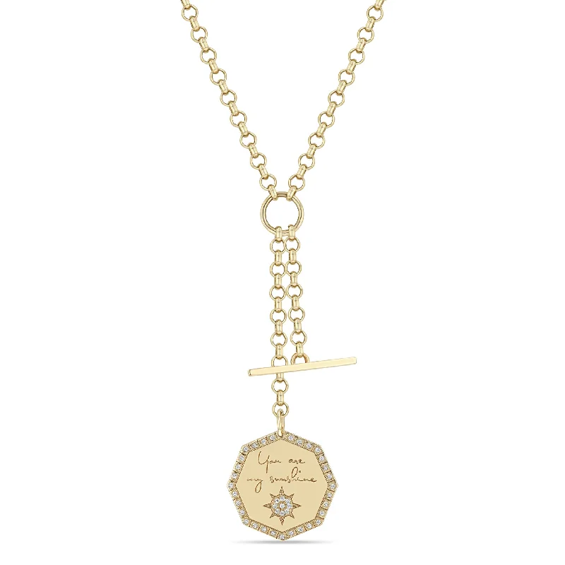 Exclusive Gemstone Jewelry At Special Prices 14k Medium "You are my sunshine" Diamond Octagon Mantra & Toggle Rolo Chain Lariat