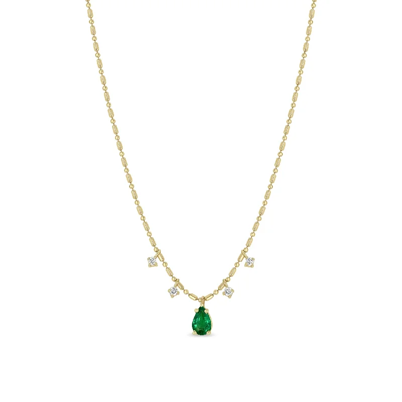 Affordable Luxury Jewelry For Every Occasion 14k Pear Emerald Pendant & Dangling Diamonds Tube Bar Chain Necklace