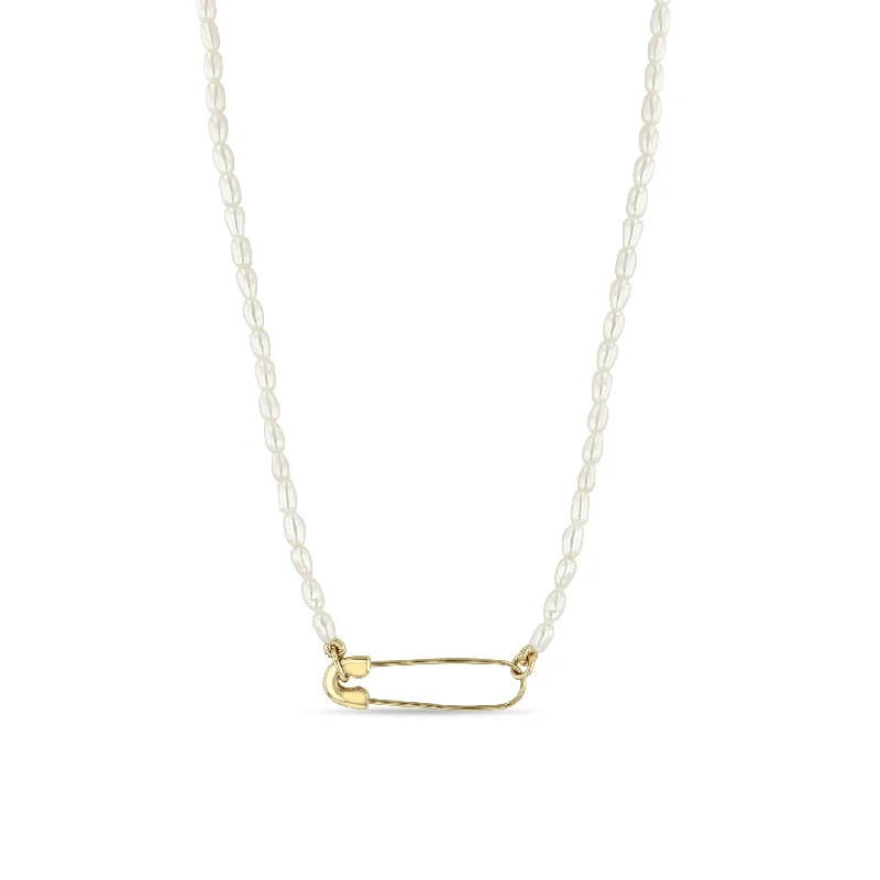 Exclusive Jewelry Sale – Limited-Time Discounts 14k Gold Safety Pin Rice Pearl Necklace
