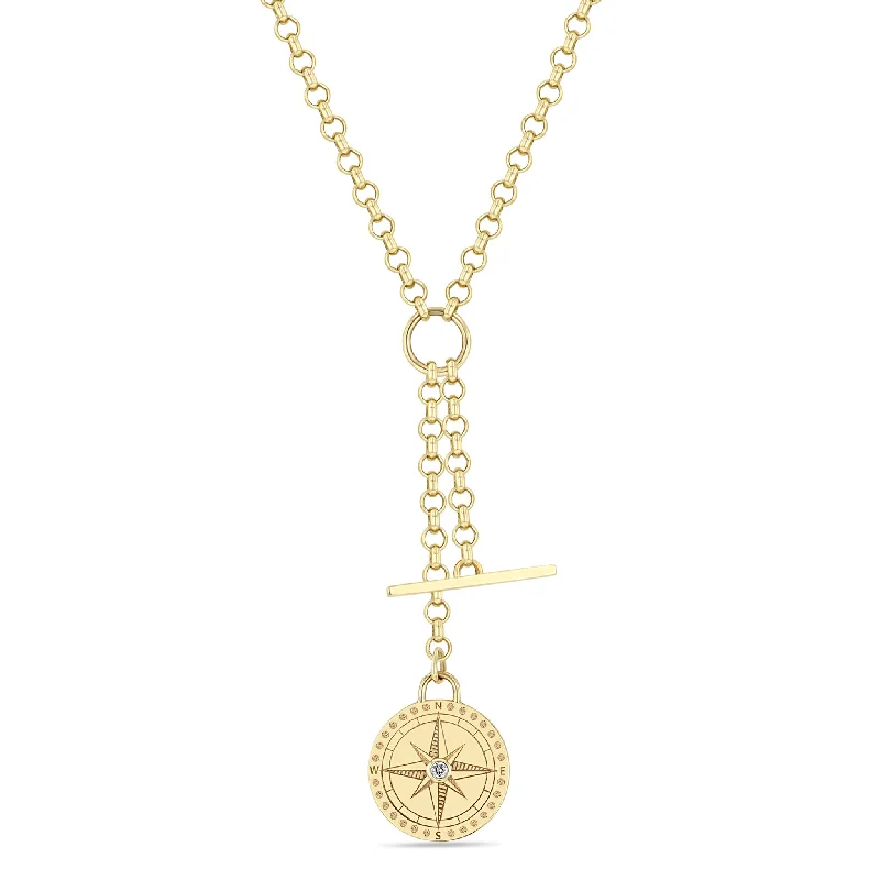 Sparkle On A Budget – Fine Jewelry For Less 14k Small Compass Medallion & Toggle Medium Rolo Chain Lariat