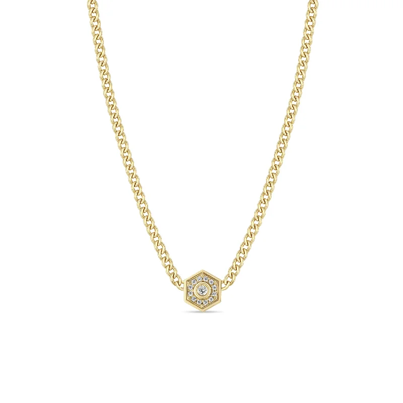 Timeless Elegance At Unbelievable Discounts 14k Small Curb Chain Diamond Hexagon Halo Necklace