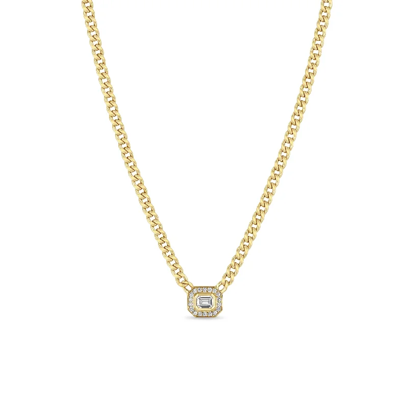 Personalized Jewelry At Special Discount Rates 14k Small Curb Chain Emerald Cut Diamond Halo Necklace