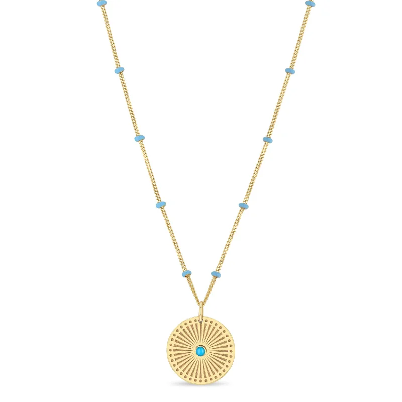 Luxury Jewelry Now At Special Promotional Rates 14k Gold Turquoise Sunbeam Medallion Satellite Chain Necklace