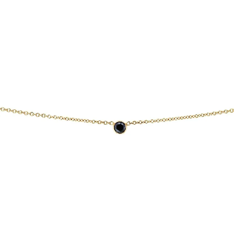 Dainty Floral Jewelry For Feminine Elegance Black Diamond Bezel Necklace 1/6 Carat, 14k Yellow Gold, Adjustable 13 14 15 Inch