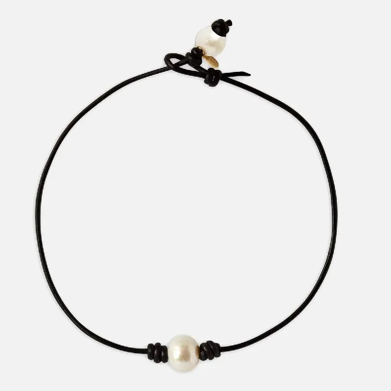 Must-Have Jewelry Pieces At Reduced Prices Single Freshwater Pearl and Leather Choker, Black