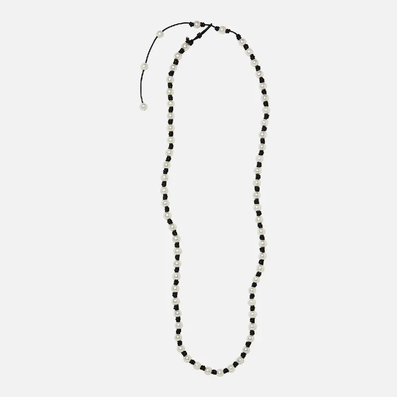 Shop Fine Jewelry With Exclusive Savings Long Knotted 10MM Pearl and Leather Necklace with Tail