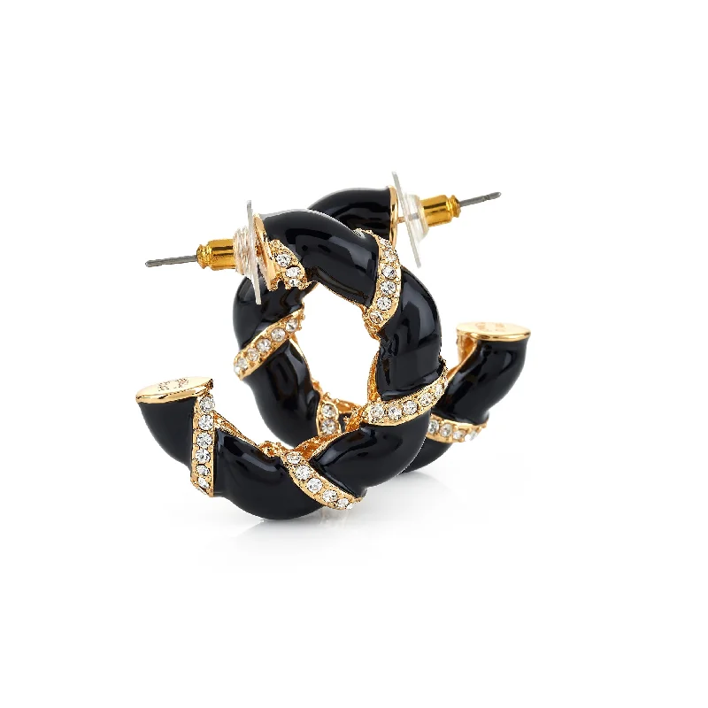 Seasonal Jewelry Sale – Upgrade Your Collection Black Enamel Rhinestone Hoop Earrings