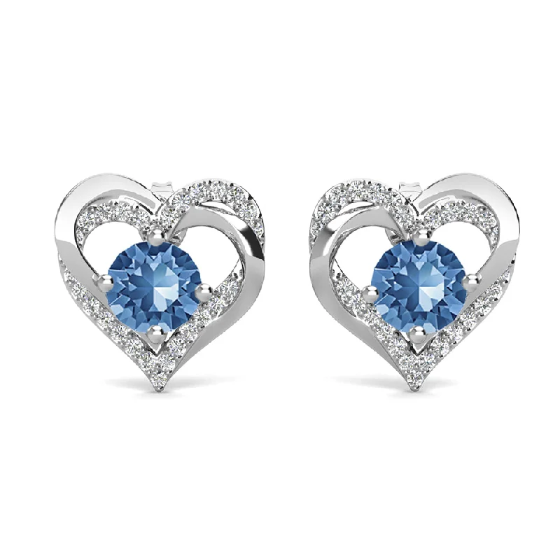 High-Quality Gemstone Jewelry For Special Occasions Forever December Birthstone 18k White Gold Plated Silver Double Heart Blue Topaz Earrings with Swarovski Crystals