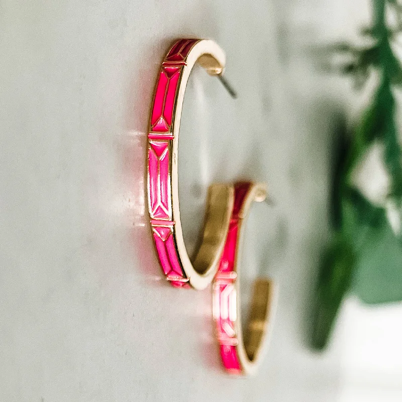 Luxury Jewelry At Unbeatable Discounts Bright Pink Enamel and Gold Hoop Earrings