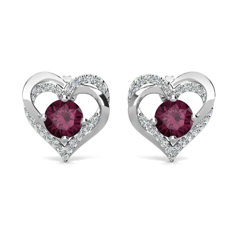 Personalized Engraved Jewelry For Meaningful Gifts Forever February Birthstone 18k White Gold Double Heart Stud Amethyst Earrings with Swarovski Crystals