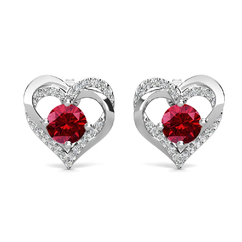 Exclusive Jewelry Offers – Sparkle For Less Forever January Birthstone 18k White Gold Plated Silver Double Heart stud  Earrings with Garnet  Swarovski Crystals