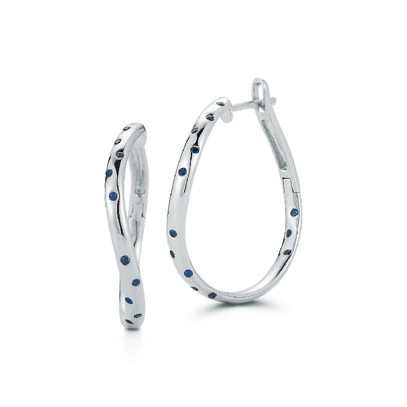 Elegant Jewelry Pieces At Unbelievable Prices JULIAN 18K WHITE GOLD AND BLUE SAPPHIRE CURVED HOOP EARRINGS
