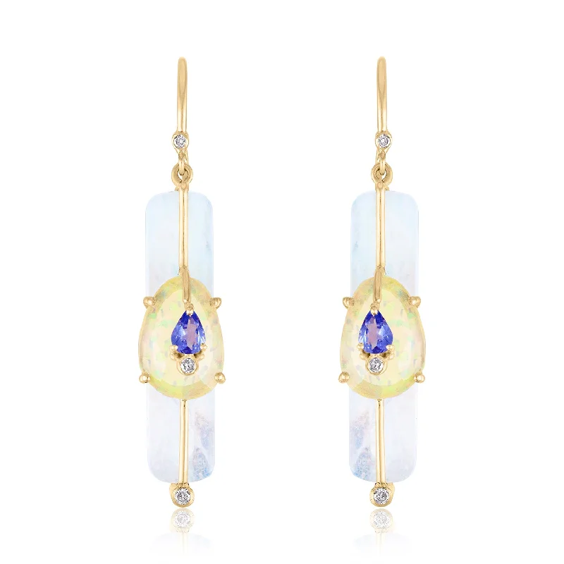Bestselling Jewelry At Special Promotional Rates Moonstone Stick Earrings with Opal and Tanzanite