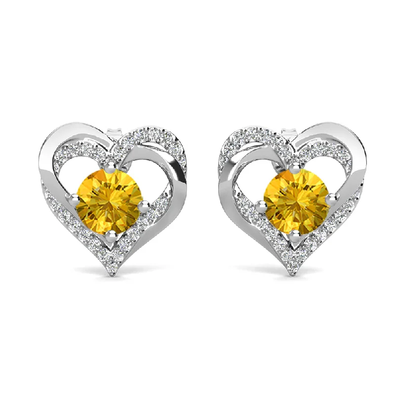 Discounted Jewelry For A Glamorous Look Forever November Birthstone 18k White Gold Plated Silver Double Heart Citrine Earrings  with Swarovski Crystals.