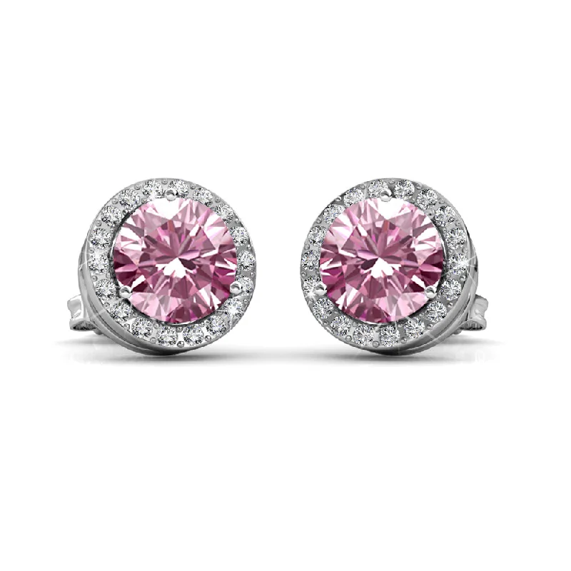 Grab Your Favorite Jewelry At The Lowest Prices Royal 18k White Gold Plated October Birthstone Halo Earrings with Round Cut Pink Tourmaline Swarovski Crystals