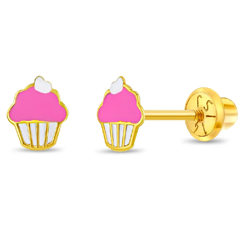 Elegant Jewelry Pieces At Unbelievable Prices 14k Gold Cupcake with Heart Baby / Toddler / Kids Earrings Safety Screw Back Enamel
