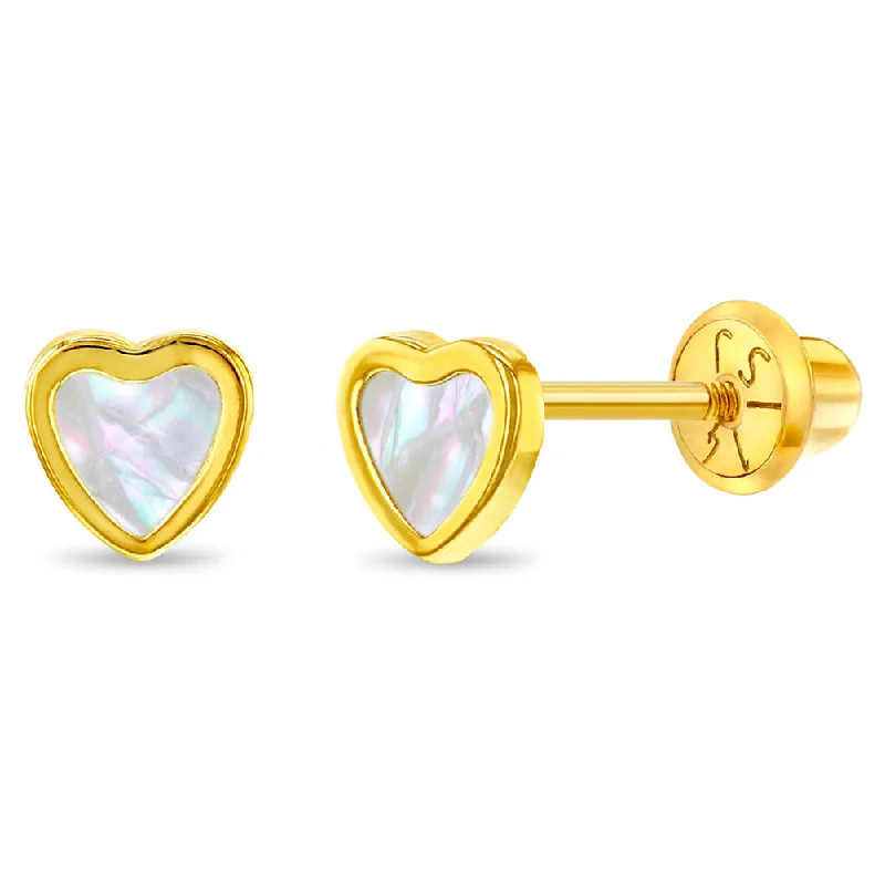 Unique Jewelry Designs Now At Discounted Rates 14k Gold Mother of Pearl Heart Baby / Toddler / Kids Earrings Safety Screw Back Bezel Unique Jewelry Designs Now At Discounted Rates 14k Gold Mother of Pearl Heart Baby / Toddler / Kids Earrings Safety Screw Back Bezel
