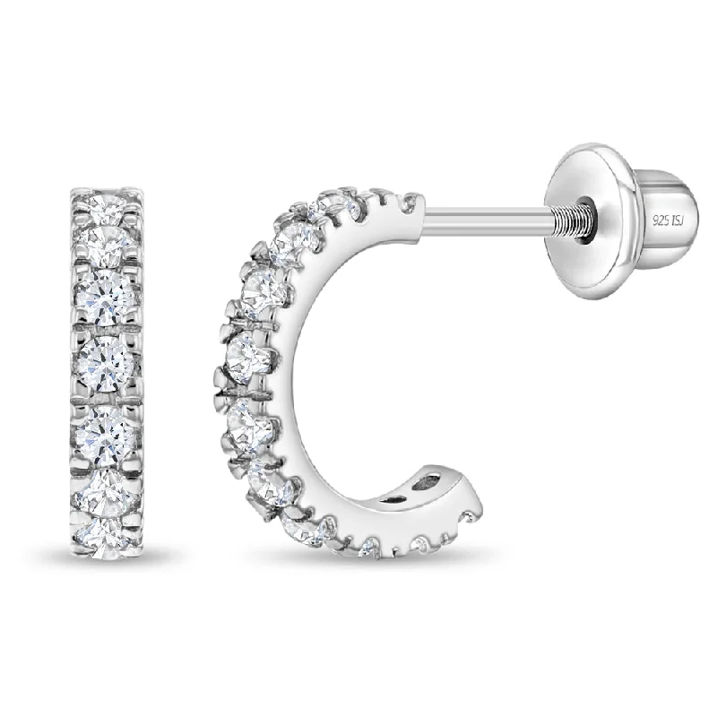 Discounted Jewelry For A Glamorous Look 925 Sterling Silver Adorable Clear Cubic Zirconia Small Half Hoop Screw Back Earrings for Teens and Women Discounted Jewelry For A Glamorous Look 925 Sterling Silver Adorable Clear Cubic Zirconia Small Half Hoop Screw Back Earrings for Teens and Women