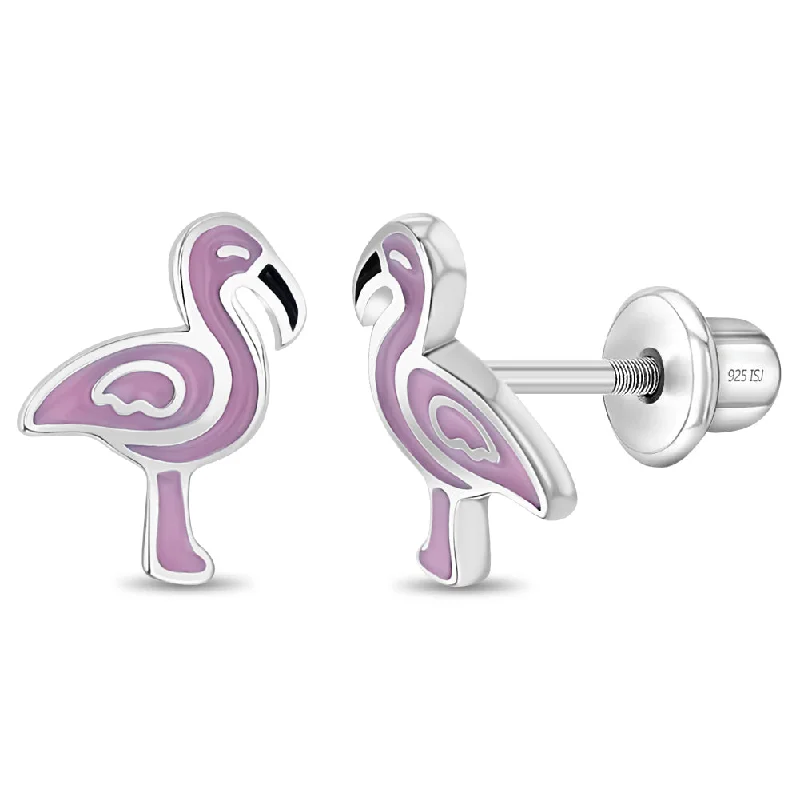 Grab Exquisite Jewelry At The Lowest Prices Fancy Flamingo Pink Kids / Children's / Girls Earrings Screw Back Enamel - Sterling Silver