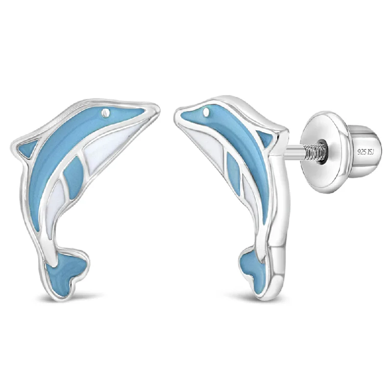 Don't Miss Our Biggest Jewelry Sale Of The Season Swimming with Dolphins Light Blue Kids / Children's / Girls Earrings Screw Back Enamel - Sterling Silver