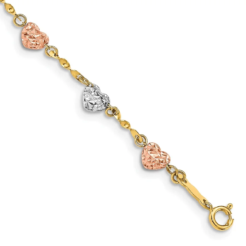 Romantic Heart-Shaped Jewelry For Special Gifts 14KT Gold Tri-Color 7-inch 4MM Fancy Diamond-cut Heart Bracelet Romantic Heart-Shaped Jewelry For Special Gifts 14KT Gold Tri-Color 7-inch 4MM Fancy Diamond-cut Heart Bracelet