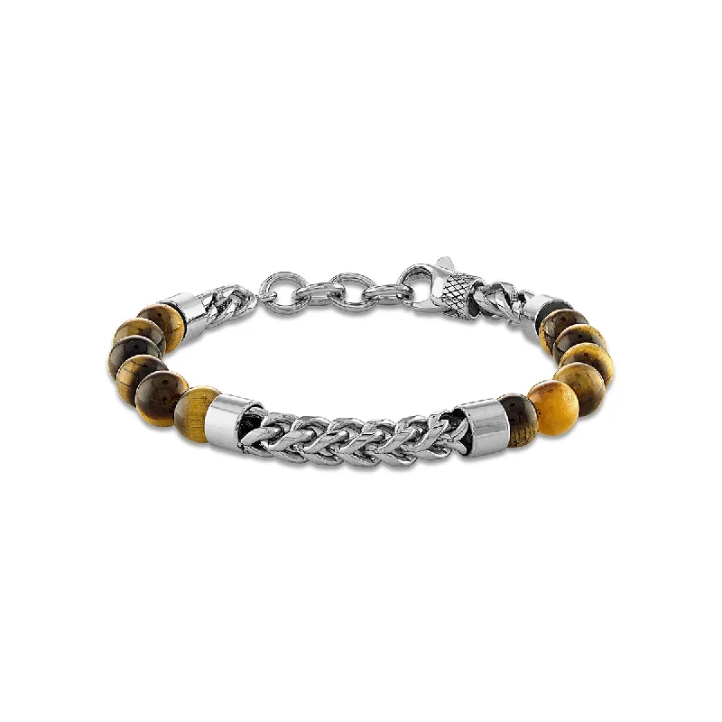 Shop Modern Jewelry Collections With Exclusive Discounts 8MM Round Tiger Eye Beaded Franco Bracelet in Stainless Steel Shop Modern Jewelry Collections With Exclusive Discounts 8MM Round Tiger Eye Beaded Franco Bracelet in Stainless Steel