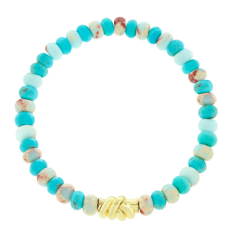 Timeless Elegance At Unbelievable Discounts Gold Double Knot on Turquoise & Jasper Beaded Bracelet Timeless Elegance At Unbelievable Discounts Gold Double Knot on Turquoise & Jasper Beaded Bracelet