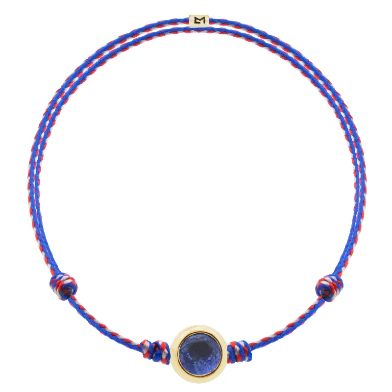 Chic, Trendy, And Affordable Jewelry Sale Round Blue Sapphire Bead on RWB Cord Bracelet Chic, Trendy, And Affordable Jewelry Sale Round Blue Sapphire Bead on RWB Cord Bracelet