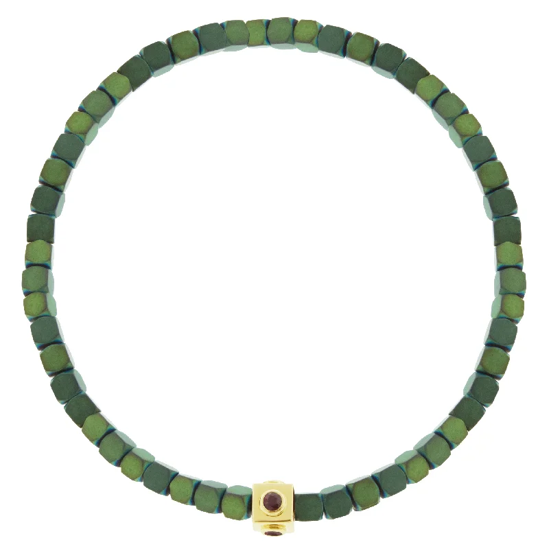 The Perfect Jewelry Piece At The Perfect Discount Ruby Lego Cube on Green Hematite Bead Bracelet The Perfect Jewelry Piece At The Perfect Discount Ruby Lego Cube on Green Hematite Bead Bracelet