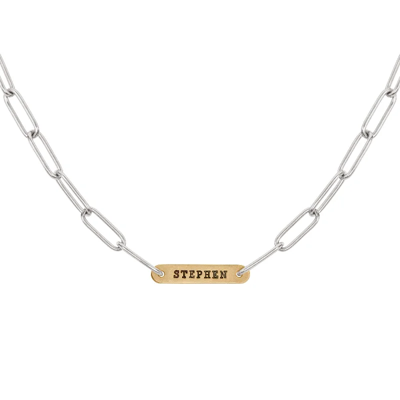 Last Chance To Shop High-End Jewelry At Markdown Prices 5.2mm Silver & Gold Name Flat Bar Chain Last Chance To Shop High-End Jewelry At Markdown Prices 5.2mm Silver & Gold Name Flat Bar Chain