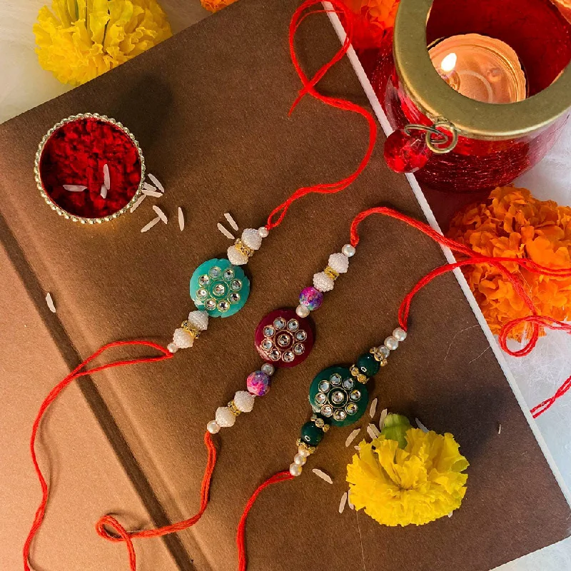 Flash Sale On Exquisite Jewelry – Don't Miss Out Etnico Ethnic Designer Pearl Kundan Combo Rakhi Bracelet with Roli Chawal for Men/Brother/ Bhaiya (Pack of 3) (R016-17-19)