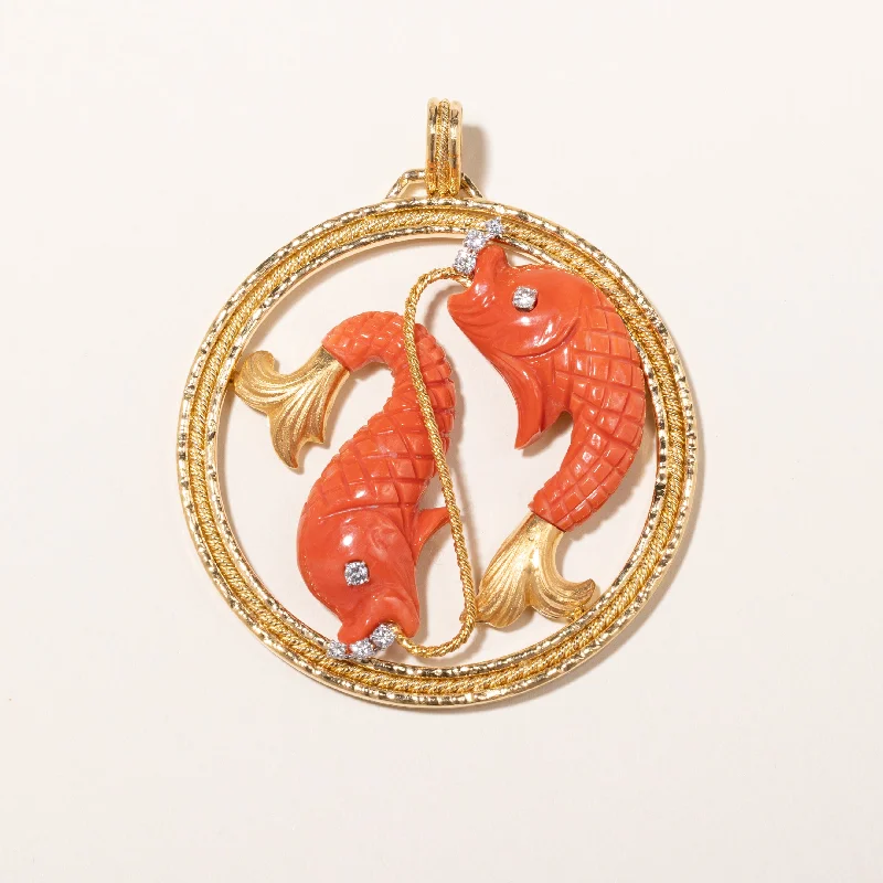Romantic Heart-Shaped Jewelry For Special Gifts 18k Yellow Gold Orange Coral and Diamond Pisces Pendent | 40x18x6mm, 0.28ctw | 6x7cm Romantic Heart-Shaped Jewelry For Special Gifts 18k Yellow Gold Orange Coral and Diamond Pisces Pendent | 40x18x6mm, 0.28ctw | 6x7cm